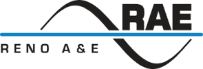 The Reno A&E logo featuring bold black lettering with a blue horizontal line accent and a curved wave graphic element beneath the brand name.
